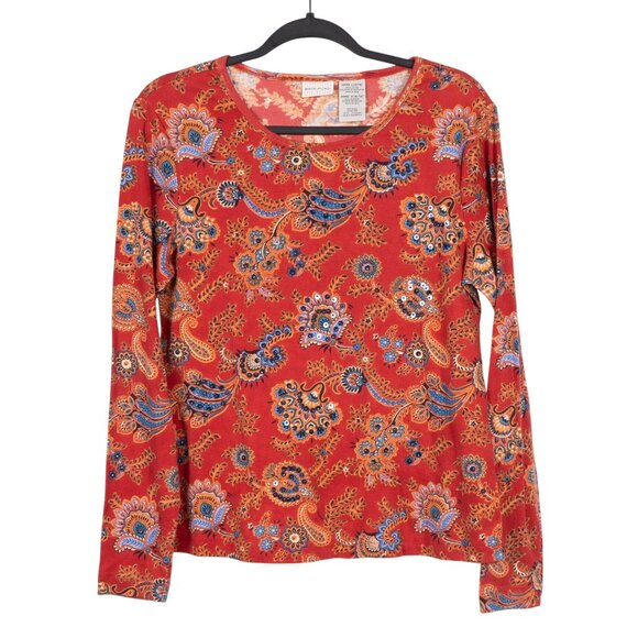 White Stag Shirt L 12 14 Womens Red Paisley Long Sleeve Cotton Beads Sequins - Picture 1 of 4